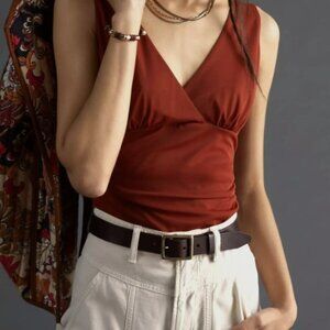 Anthropologie Double V Mesh Ruched Sleeveless Burnt Orange Sleeveless top